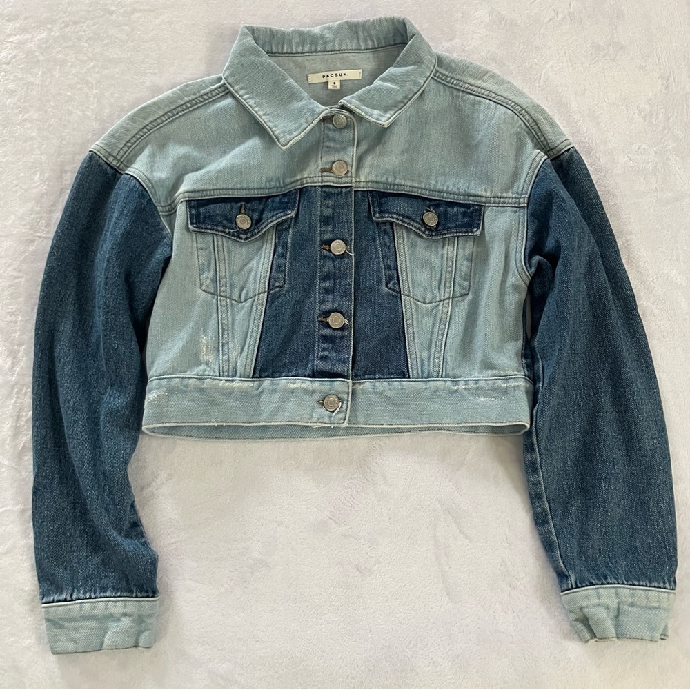 PacSun Y2K Style Blue Denim Cropped Jacket Distressed BOHO Patchwork Small